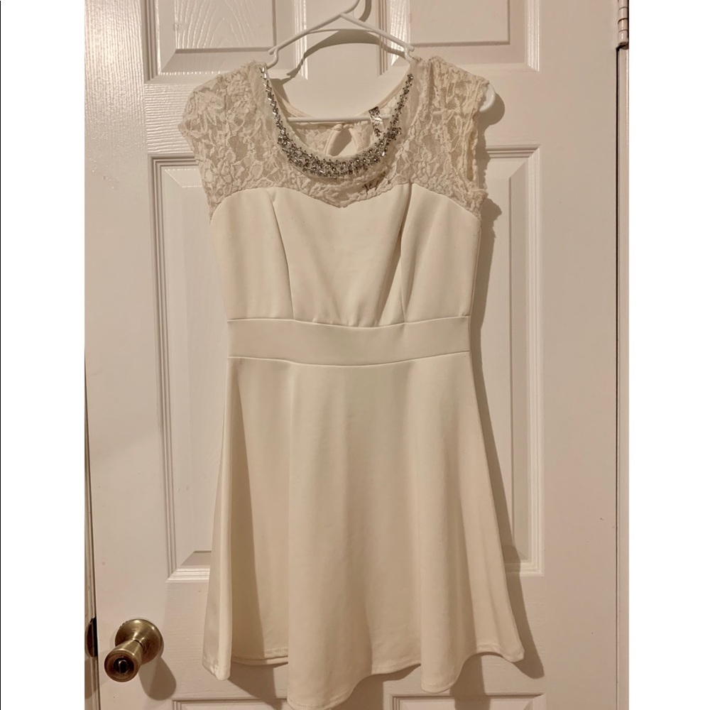 White sparkly collar, fit and flared dress